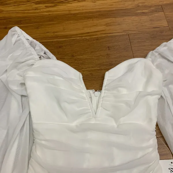 12th Tribe Alessandra White Mini Dress Women XS Ruch Bodycon Long Balloon Sleeve - Image 2