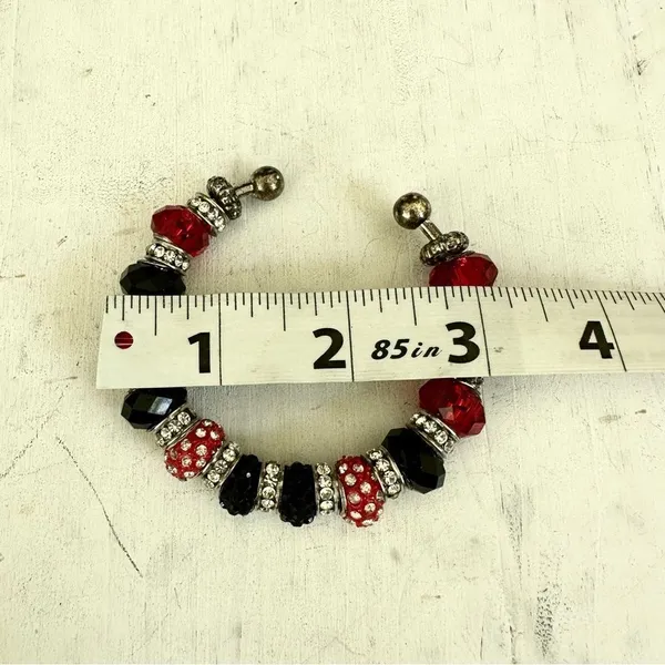 Silver tone black red and silver rhinestone beaded bracelet - Image 3