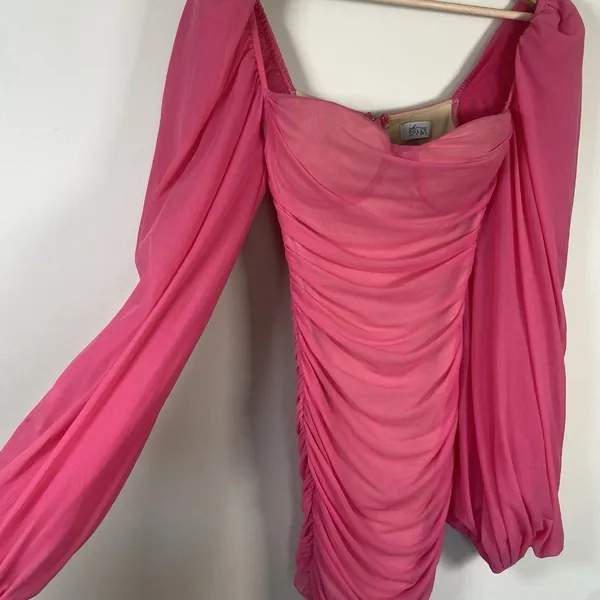 Oh Polly Hot Pink Stretch Bodycon Long Sleeve Ruched Party‎ Mini Dress Size 4 - Image 2
