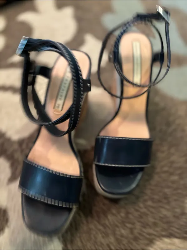Zara Navy Blue Strappy Cork Platform Wedge Sandals - Image 4