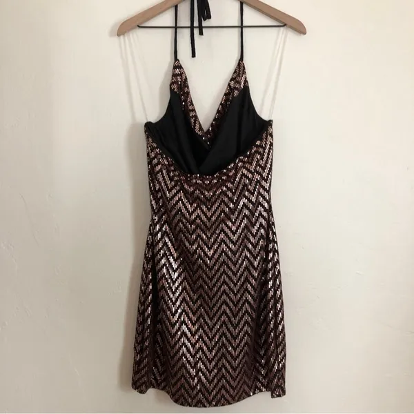 Curvy Sense Sequin Zigzag Striped Black Rose Gold Halter Bodycon Mini Dress 2X - Image 5