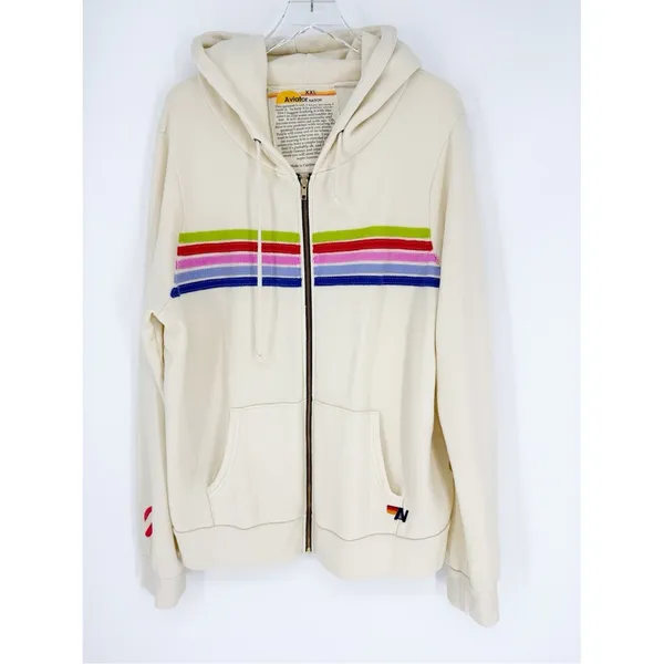 Aviator Nation x Peloton 5 Stripe Zip Hoodie Womens XXL Cream - Image 2