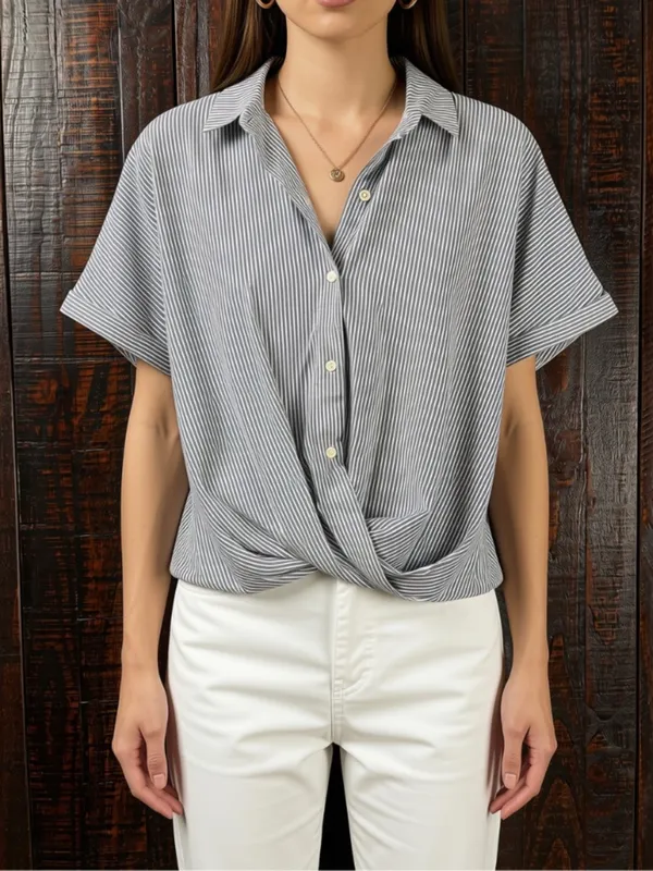 BCBGeneration Pinstripe Twist-Front Hi-Low Buttobg front Shirt NWT XS - Image 3