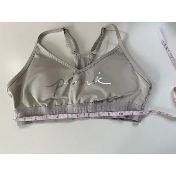 Victorias Secret PINK‎ Silver Metallic Logo Sports Bra Gray Racerback Medium - Image 5