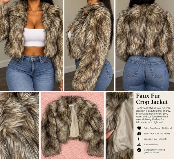 Gray & Brown Faux Fur Cropped Jacket 🤎✨ - Image 2