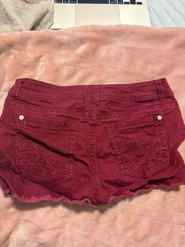 Wild Flower burgundy denim shorts with design on back pocket - Image 2