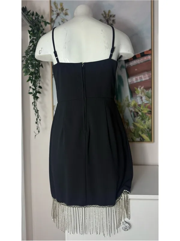 Trixxi Black Silver Rhinestone Chain Fringe Mini LBD Dress Size Large - Image 6