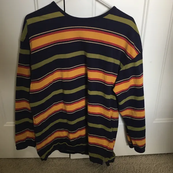 Vintage Y2K Striped Long Sleeve Tee in Navy, Yellow & Olive Womens GAP size M - Image 4
