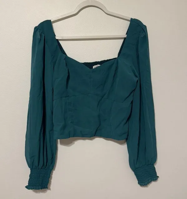 NEW Abercrombie & Fitch Long Sleeve Poplin Square Neck Top Large Emerald Green - Image 2