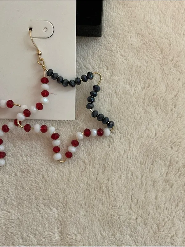 Patriotic Beaded Star Hoop Earrings - Red, White & Blue - Image 3