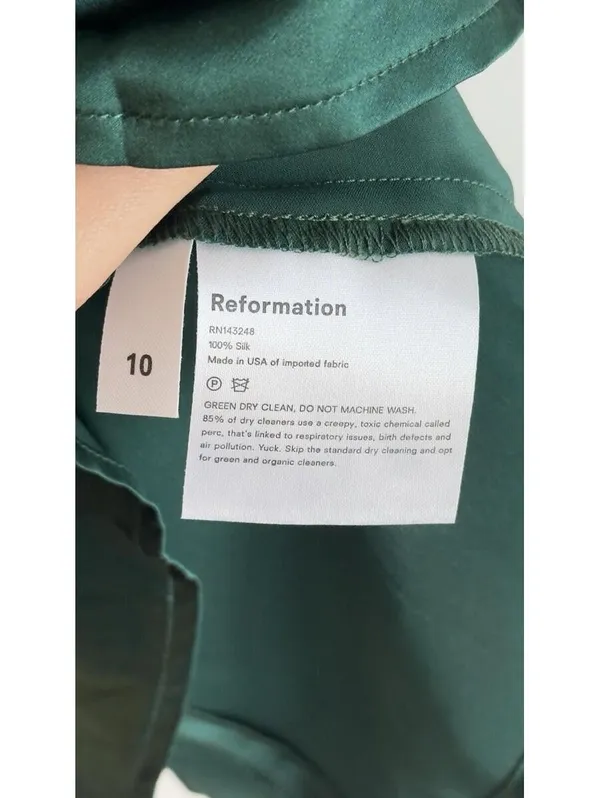 Reformation 100% Silk Emerald Green Puff Sleeve Open Back Mini Dress 10 - Image 7