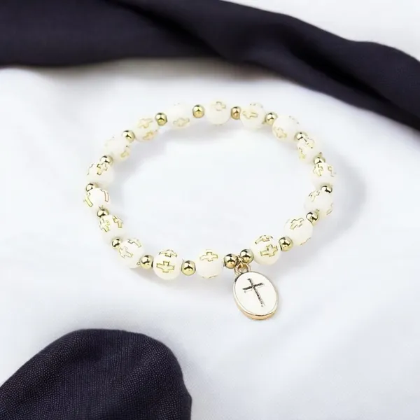White Stylish Elastic Beaded Cross Charm Bracelet‎ Enamel Oval Cross Beaded - Image 7