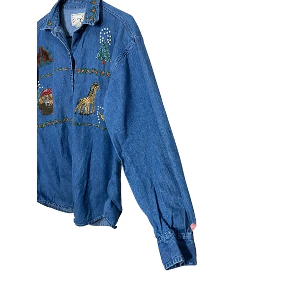 Vintage 90s BSA Embroidered Denim Shirt Noah's‎ Ark Animal Print Medium - Image 5