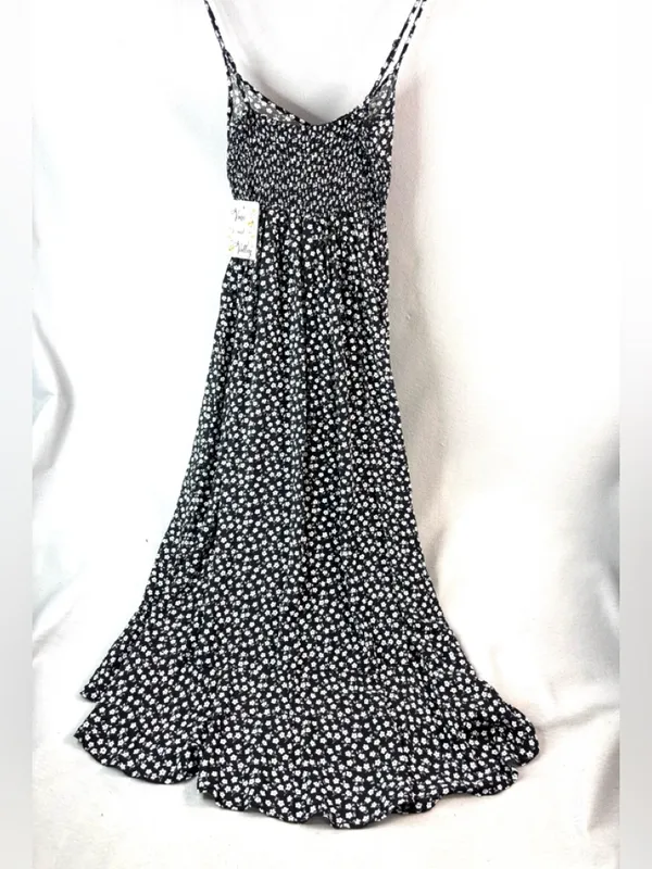Vine and Valley M Ditsy Ruffle Trim Black Floral Maxi Sun Dress w Smocked Empire - Image 3