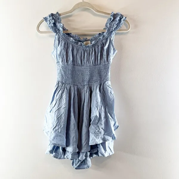 Urban Outfitters Rosie Smocked Cap Sleeve Mini Romper Blue XS - Image 2
