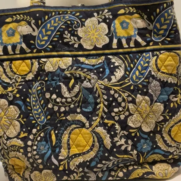 Vera Bradley Ellie Blue Tote Bag Purse Vintage, Blue Yellow White Paisley - Image 4