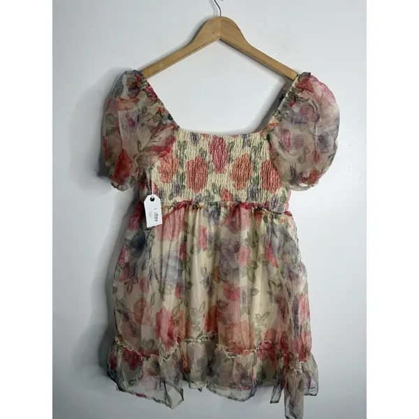 Coco & Jaimeson‎ Floral Puff Sleeve Cottagecore Babydoll Mini Dress Romantic LG - Image 3