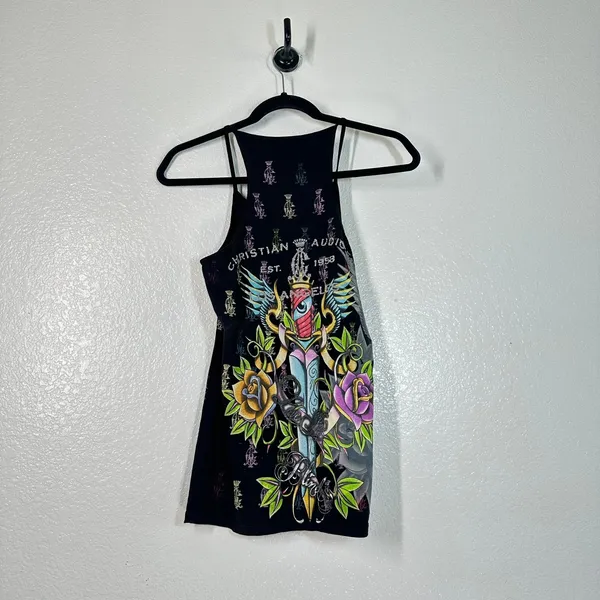 M black Y2K Christian Audigier graphic tank top vintage 2000's sleeveless tee - Image 3