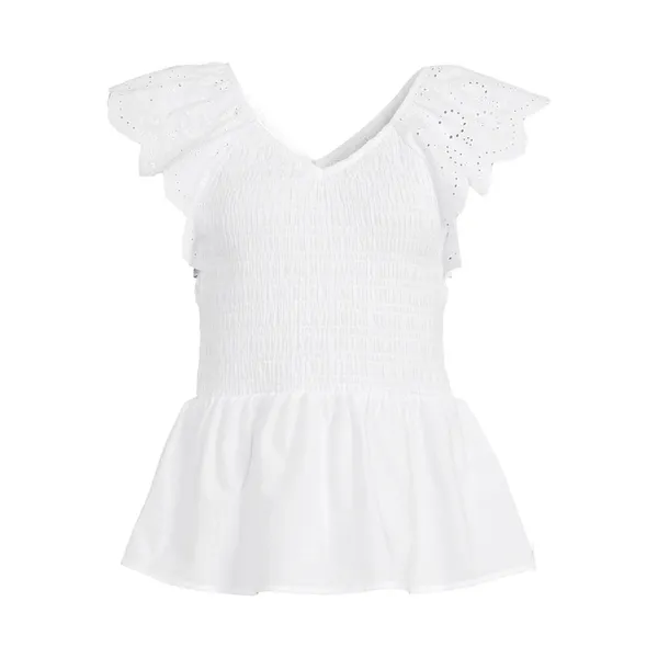 Time and Tru Womens Top Size XXL Vivid White Smocked Bodice V Neck Eyelet Stretc - Image 2