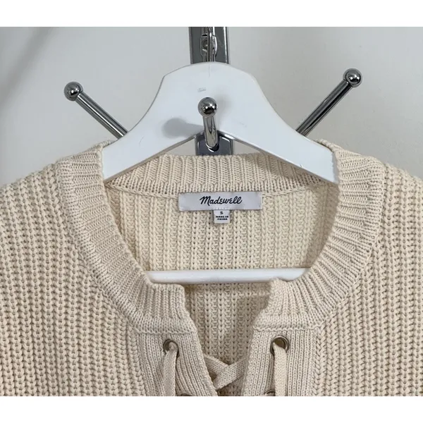 Madewell Lace Up Front Chunky Knit Sweater Cream Beige Long Sleeve Preppy Size S - Image 7
