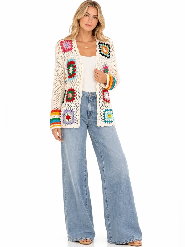 Granny Square Boho Crochet Cardigan Cream Patchwork Size L Size L - Image 2