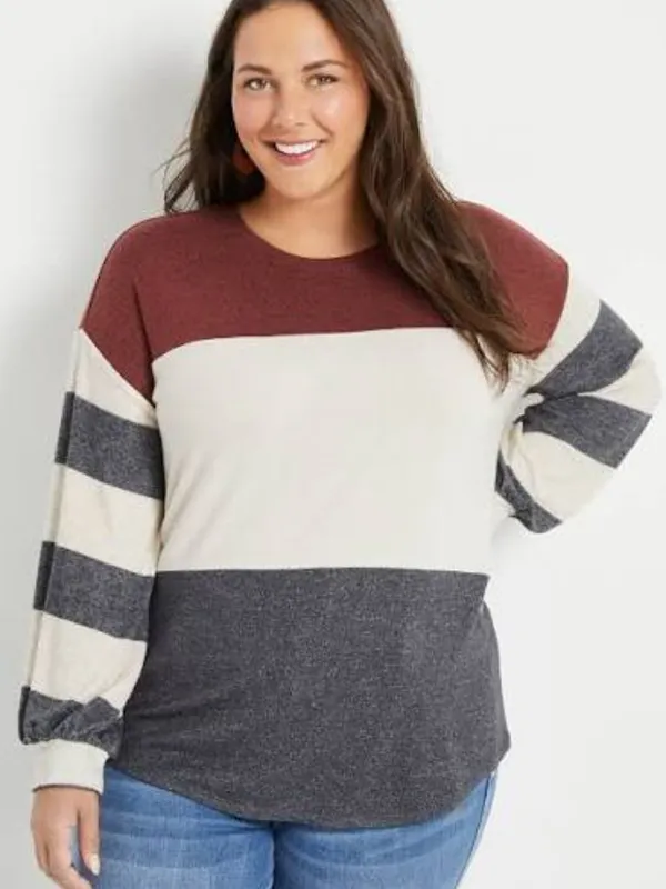 Maurices White Maroon Gray Colorblock Long Sleeve Cozy Tee Shirt - Image 4