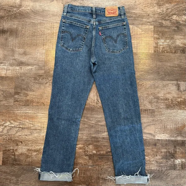 Levi's Wedgie Straight Leg Medium Dark Wash Distressed Raw Cuffed Hem 25 Buttonfly - Image 5