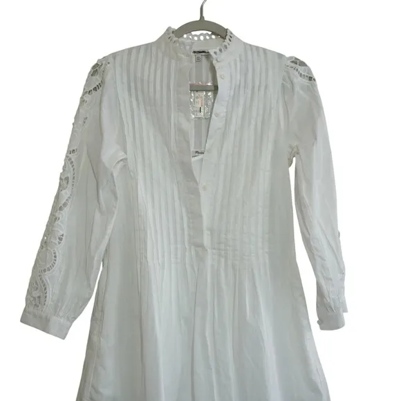 Madewell White Mini Dress Pintuck Lace‎ Eyelet Embroidery XXS NEW Delicate - Image 2