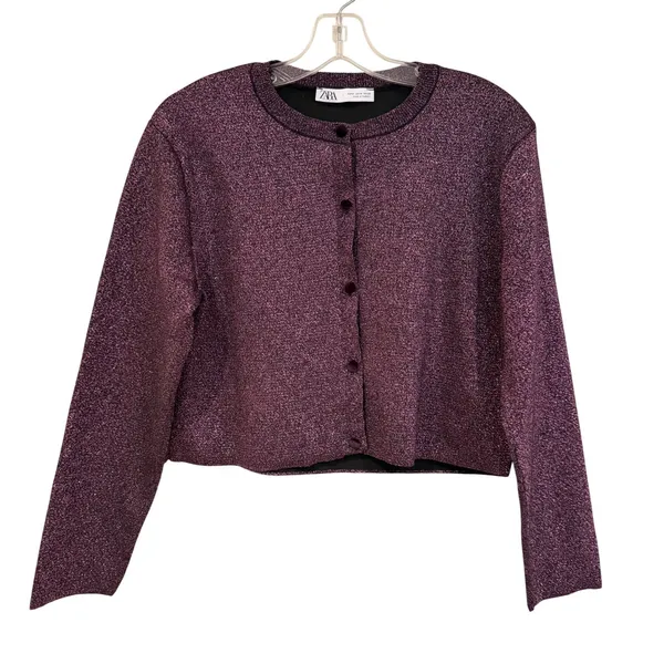 Zara Metallic Knit Cardigan Women's Medium Purple‎ Party Cropped Holiday Glam - Image 2