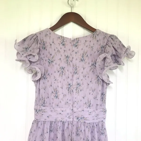ASTR the Label Pleated Tiered Midi Dress Small Purple Floral Wedding Guest Party - Image 6