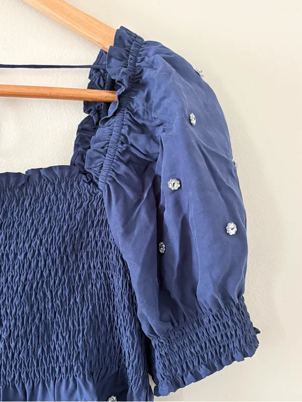 Hill House Home Jewel Jammy Top Navy Blue Smocked Peplum Puff Sleeve Size M - Image 4