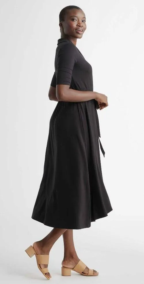 Quince Womens Tencel Jersey Midi Wrap Dress Tie Waist Shawl Collar Black S - Image 2