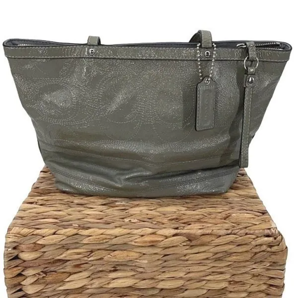 Coach Womens Gross Grain Patent Leather Stitch Tote Shoulder Bag Green Gray Medi - Image 3