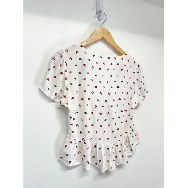 John Galt Cropped Floral Top‎ Size Medium White Red Tie Front Ruffle - Image 5