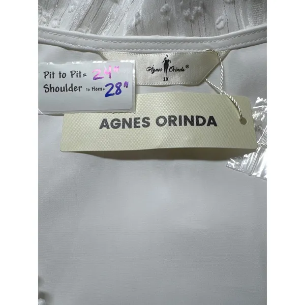 Agnes Orinda White V Neck Button Front Blouse Sheer Lace Sleeve Top Plus Size 1X - Image 3