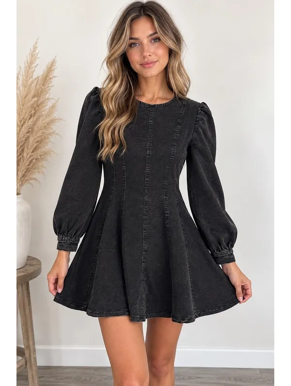 Black Acid Wash Denim Fit & Flare Mini Dress Puff Sleeve Size Small - Image 13