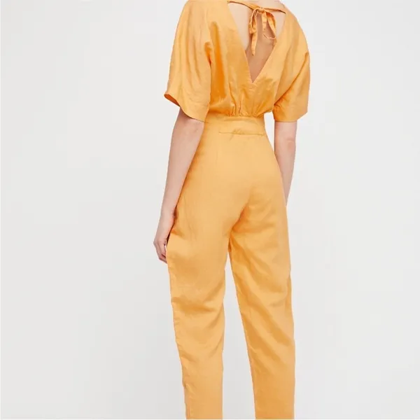 Free People ‘Shining Sun’ Front Waist Tie Linen Blend V Neck Jumpsuit Small - Image 11