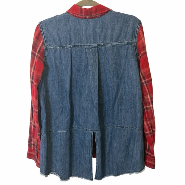Free People Runaway Plaid & Denim Mixed Media High Low Button Down Shirt M - Image 7