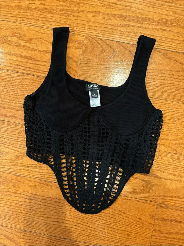 Hera Collection Black Crochet Corset Style Crop Top - L - Festival Going Out Top - Image 2