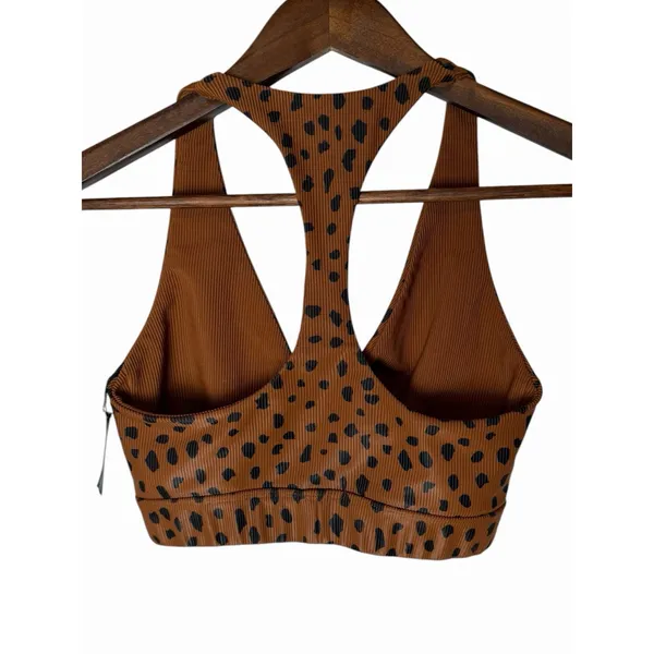 Beach Riot Twist Front Spotted Sports Bra Brown Black Ribbed Animal Print XS - Image 7