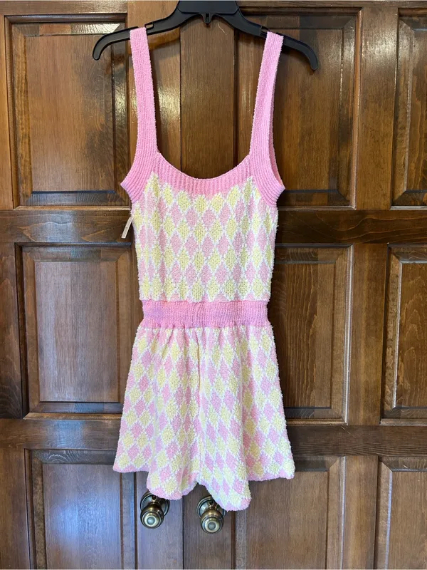 NWT Intimately Free People Dream Diamonds Romper Pink Yellow Argyle Knit Small S - Image 4