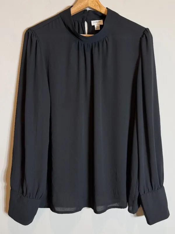 J. Crew Long-Sleeve Shirred Mockneck Top Blouse Women's XL Black Career Preppy - Image 6