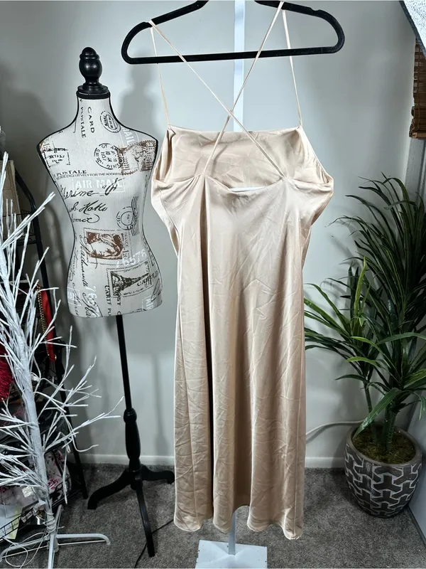N228. Show me Your MuMu Champagne Slip Midi Dress - Image 2