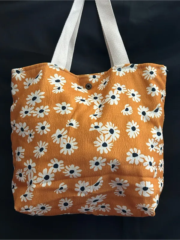 Daisy Print Orange Floral Canvas Tote Bag with White Handles - Image 2