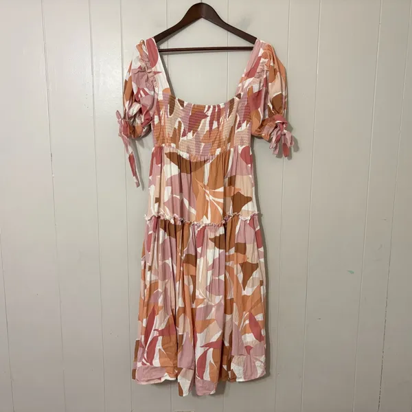 The Girl and The Sun Everlight Leaf Print Midi Dress Puff Sleeve Smocked Size L - Image 6