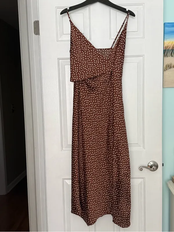 Urban Outfitters Kelly Surplice Midi Dress in Brown and White Polka Dots - Image 2