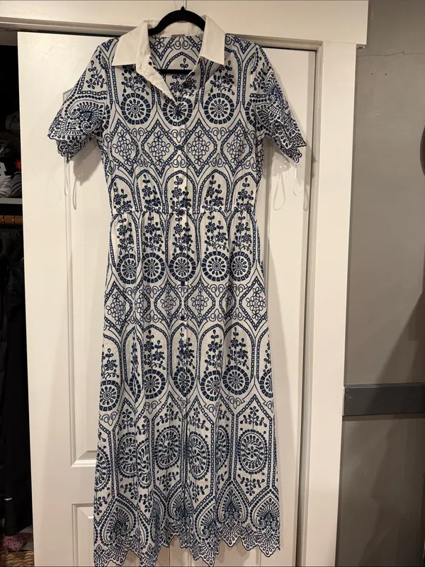 Elie Tahari Navy and White Lace-eyelet Pattern Midi‎ Dress medium - Image 2
