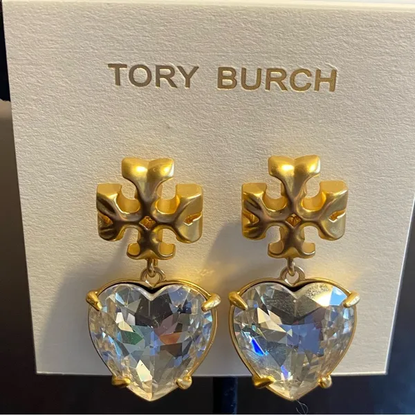 Tory Burch Kira Crystal faceted heart drops hanging from TB logo studs - Image 2