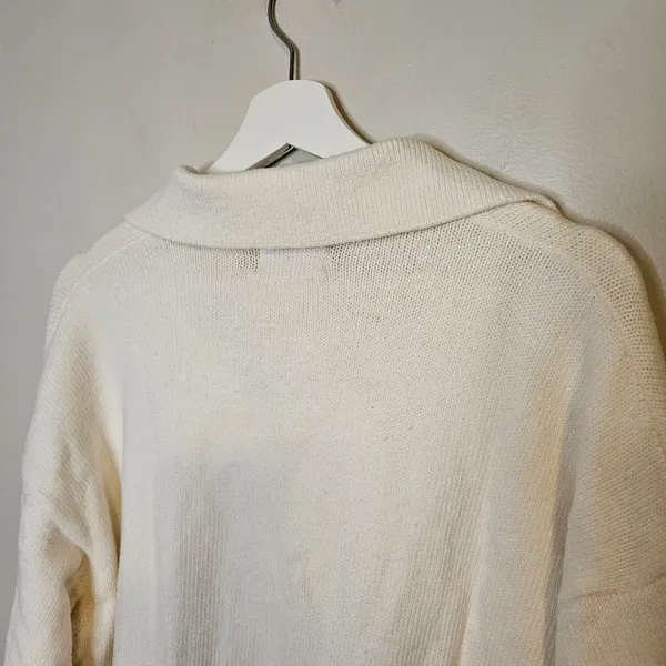 Old Navy Women's V-Neck Cream Polo Sweater Neutral Casual Collared Long Sleeve - Image 7