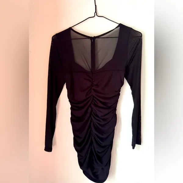 Black bodycon ruched square neck mesh long sleeve mini dress size medium - Image 3